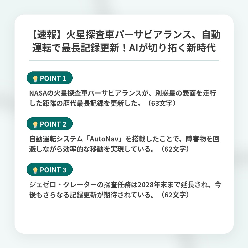 【速報】火星探査車パーサビアランス、自動運転で最長記録更新！AIが切り拓く新時代の注目ポイントまとめ